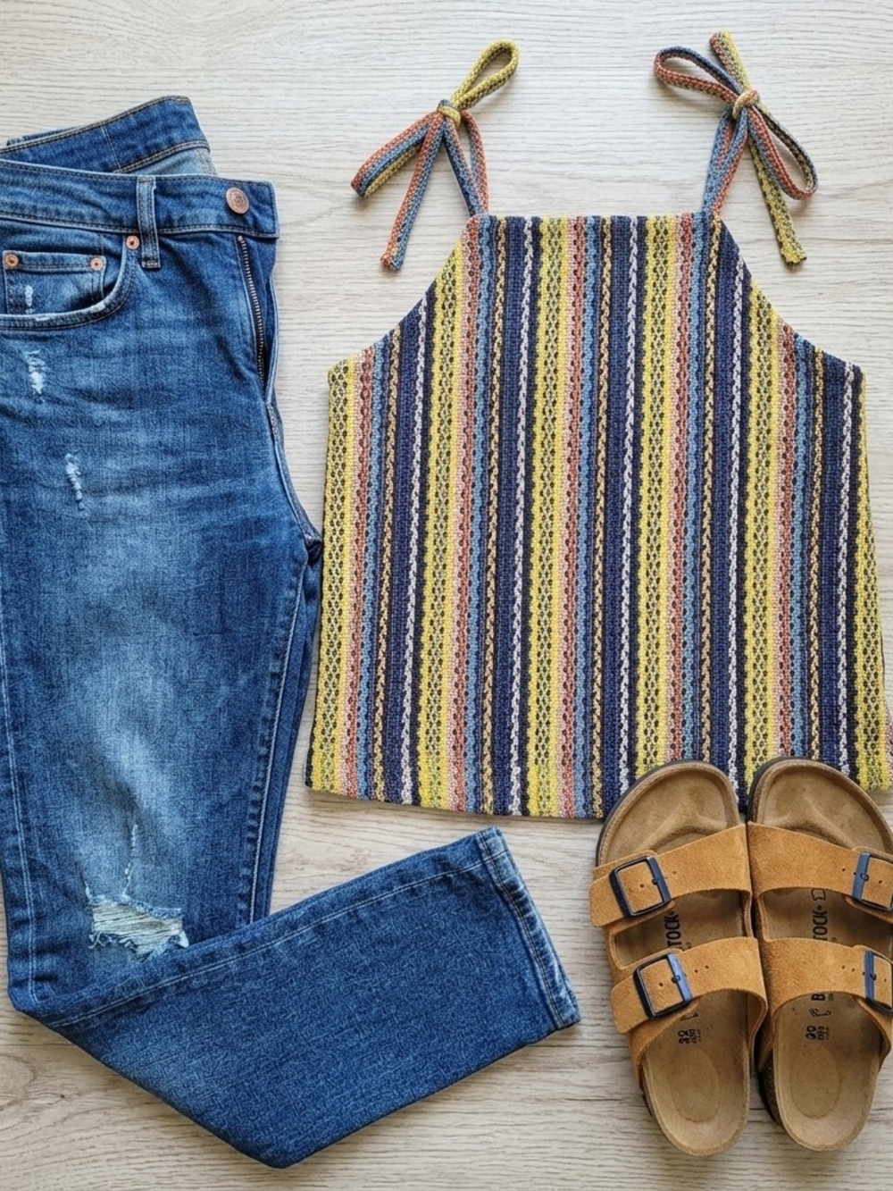 MADEWELL Striped Knit Tie-Shoulder Tank Top in Yellow, Blue, Rust